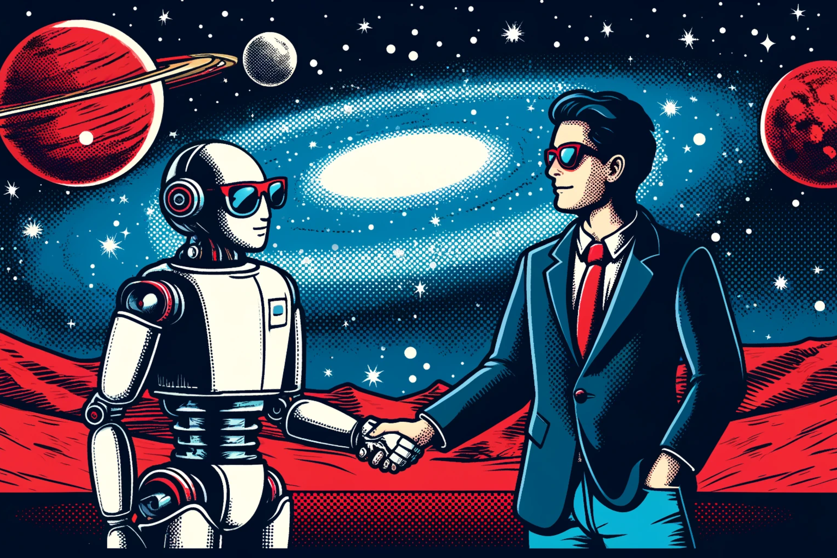 Ein Mensch und ein Roboter geben sich die Hand als Zeichen des Vertrauens