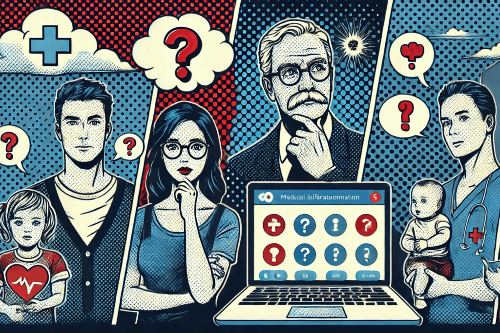 verschiedene Menschen die sich gesundheitliche Fragen stellen, erkennbar an Sprechblasen, sowie ein Computer der sie beantwortet