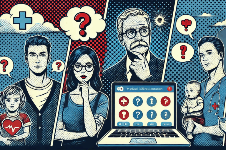 verschiedene Menschen die sich gesundheitliche Fragen stellen, erkennbar an Sprechblasen, sowie ein Computer der sie beantwortet