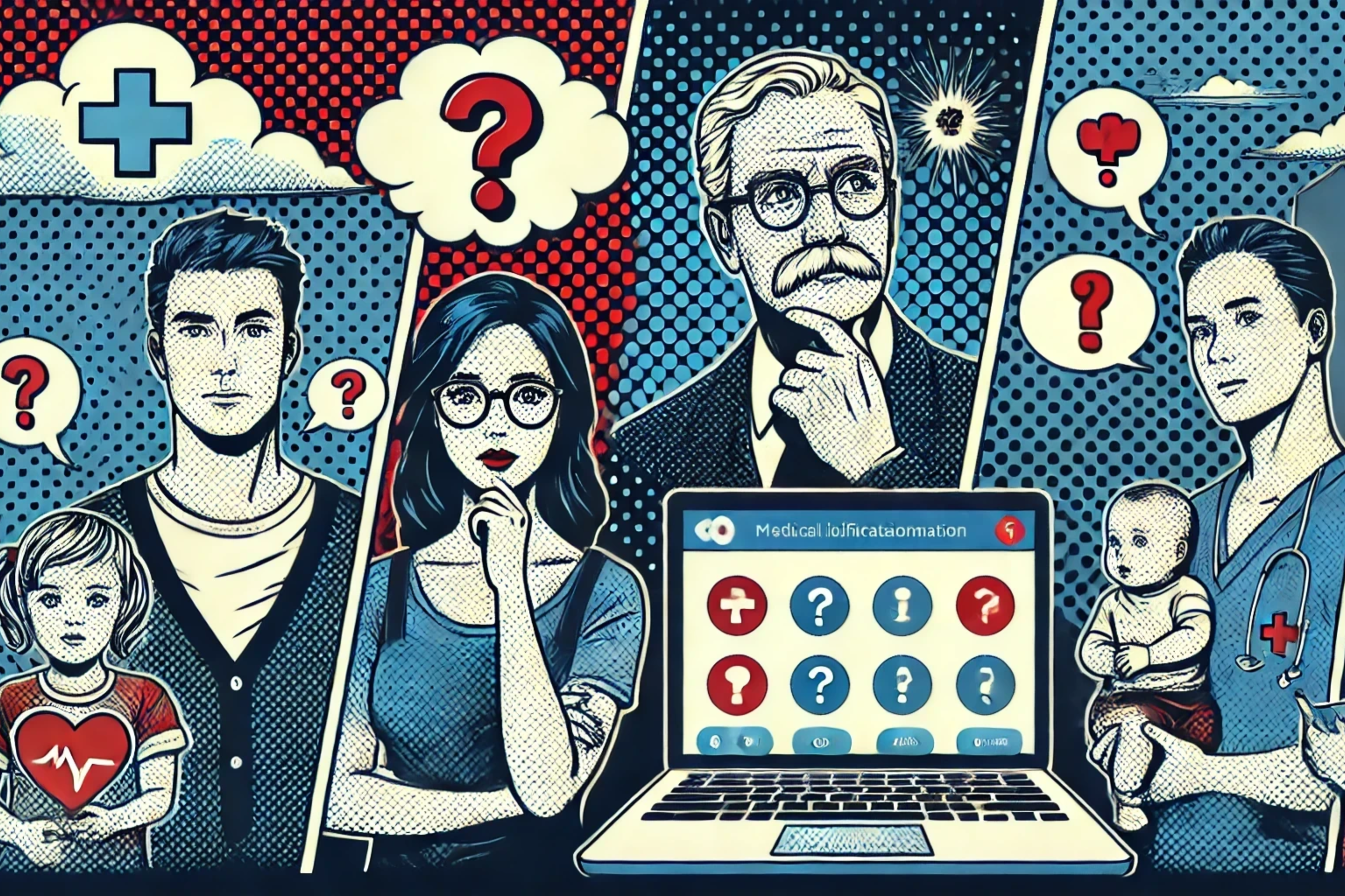 verschiedene Menschen die sich gesundheitliche Fragen stellen, erkennbar an Sprechblasen, sowie ein Computer der sie beantwortet